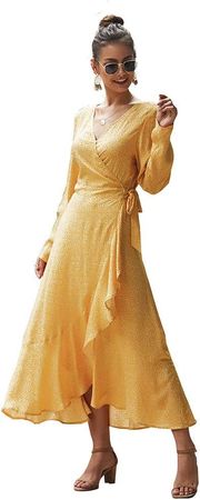 TJZY Women V-Neck Lace Dress Flounced Waist Long Sleeve Dress Party Beach/Yellow/XL at Amazon Women’s Clothing store