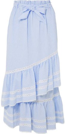 Lace-trimmed Striped Seersucker Maxi Skirt - Light blue