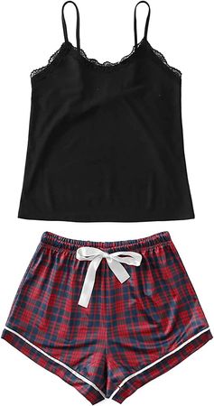 SweatyRocks Women's Sleepwear Set Plaid Print Cami Top and Elastic Waist Short Pajama Set Multicolor Large at Amazon Women’s Clothing store