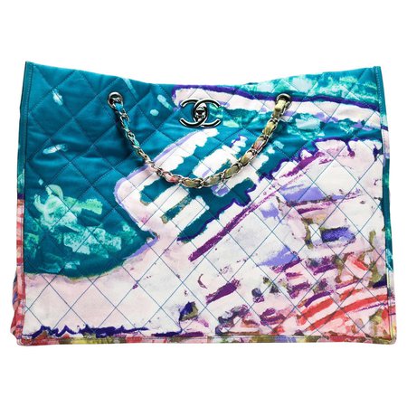 Chanel Graffiti Watercolor Limited Edition Tote Turquoise Nylon Beach Bag For Sale at 1stDibs