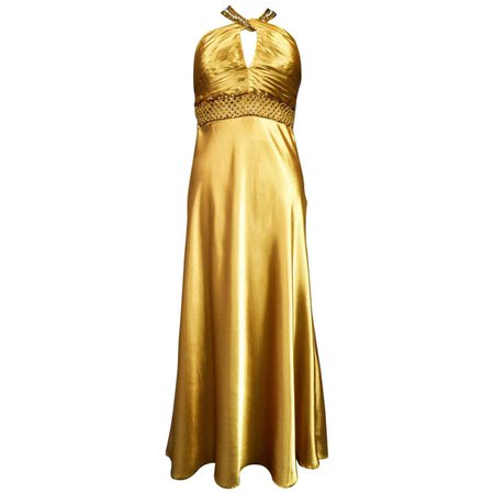 An French Evening Gown in Gold Embroidered Satin with Sequins Circa 1980 For Sale at 1stDibs