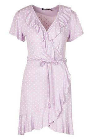 Polka Dot Wrap Front Ruffle Tea Dress | boohoo lilac