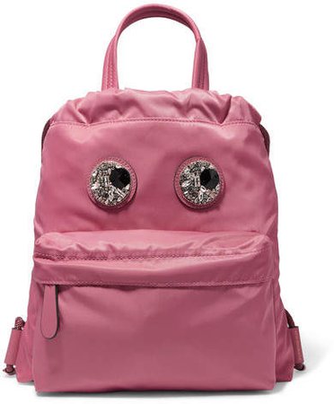 Crystal-embellished Leather-trimmed Shell Backpack - Pink
