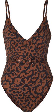 Belted Leopard-print Swimsuit - Brown