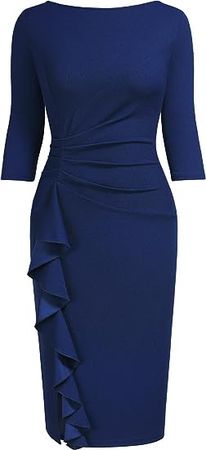 AISIZE Women's Retro 3/4 Sleeve Ruched Elegant Business Pencil Sheath Dress Medium Navy Blue at Amazon Women’s Clothing store
