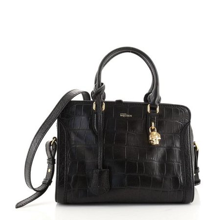 *clipped by @luci-her* Alexander McQueen Padlock Zip Around Crocodile Embossed Small Black Leather Tote - Tradesy