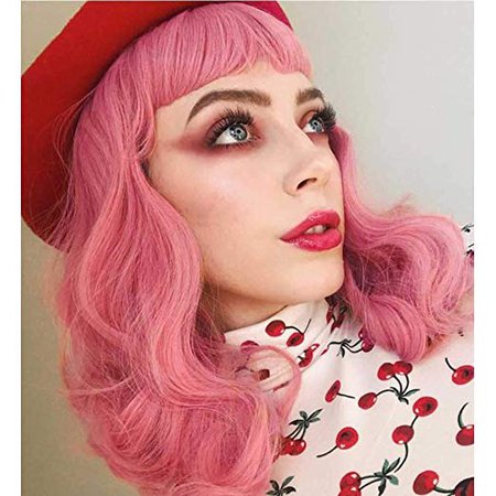 Amazon.com : DIFEI Rockabilly Vintage Wig Audrey Hepbum Short Bang Wig Long Finger Wavy Wigs for Women (Pink) : Beauty