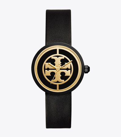 Reva Watch, Black Leather/Gold Tone, 36 MM: Women's Watches | Strap Watches | Tory Burch