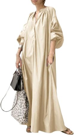DMOYALA Oversized Dress for Women Lantern Long Sleeve Long Dress Casual V Neck Cotton Maxi Dress Plus Size Shirt Dress Pocket at Amazon Women’s Clothing store
