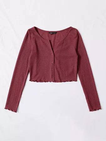 Button Front Lettuce Edge Waffle Knit Tee | SHEIN USA burgundy