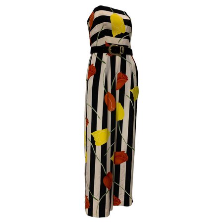 1980s Scaasi Bold Black and White Silk Wide Leg Jumpsuit W/ Red and Yellow Tulips For Sale at 1stDibs