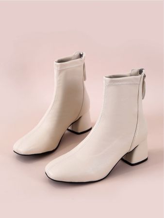 Minimalist Back Zipper Chunky Heeled Classic Boots, Beige Elegant Solid Classic Boots | SHEIN