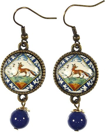 Amazon.com: 'Dutch Tile Motifs', Various Blue and Brown Delftware Cabochon Dangle Earrings with Swarovski Pearl (Little Fox): Clothing, Shoes & Jewelry