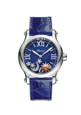 CHOPARD HAPPY SPORT SUN, MOON AND STARS 36 MM, AUTOMATIC, STAINLESS STEEL, DIAMONDS