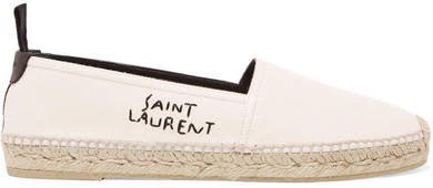Logo-embroidered Leather-trimmed Canvas Espadrilles - White