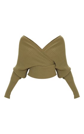 Khaki Wrap Off The Shoulder Jumper | Knitwear | PrettyLittleThing USA