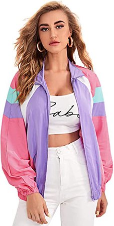 Amazon.com: SweatyRocks Women's Casual Lightweight Color Block Bomber Jacket Pink Purple L : Clothing, Shoes & Jewelry