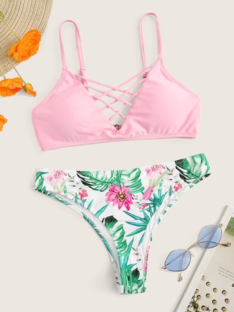 Lattice Top With Random Tropical Bikini Set | ROMWE