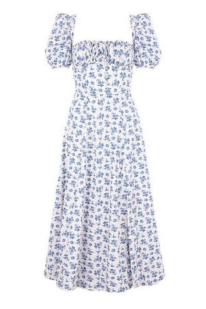 Malaya Blue White Puff Sleeve Floral Midi Dress (3) Pinterest