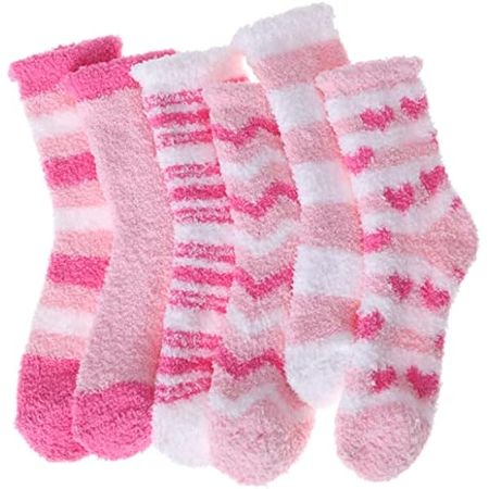 Croknit 12 Pairs of Valentine's Day Pink Fuzzy Socks Valentine's Day Heart Socks Assorted Heart Warm Comfy Socks Women's Slipper Socks for Women Holiday Gift Supplies at Amazon Women’s Clothing store