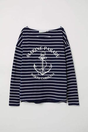 Striped Top with Text Motif - Blue