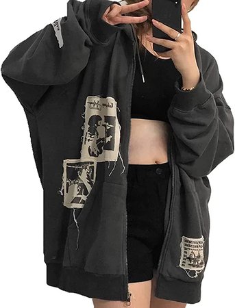 Alt Emo Clothes Women Oversized Zip Up Hoodies Rhinestone Y2k Aesthetic Skeleton Sweatshirts Grunge Gothic Jacket Streetwear at Amazon Women’s Clothing store