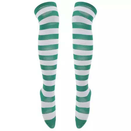 Pair of Women's Green and White Wide Striped Thigh High Over the Knee Stocking Socks (Green & White)