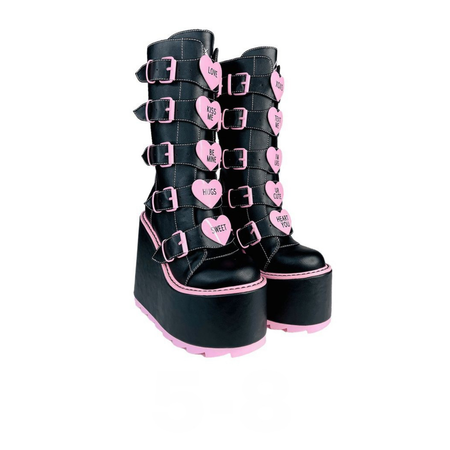 black and pink hearts platform boots