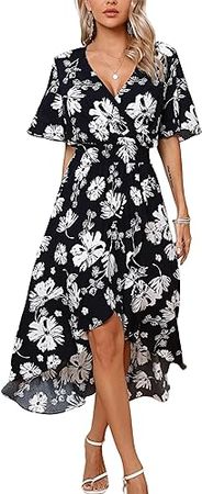 Kormei Womens Short Sleeve Floral High Low V-Neck Flowy Party Long Maxi Dress at Amazon Women’s Clothing store