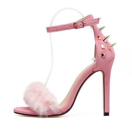 Sexy Slim Women Sandals Pink High Heels Punk River Fur Sandals