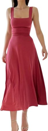New Women's Thick Straps Midi Dress,Summer Midi Slip Dres Sleeveless (Watermelon red,L)