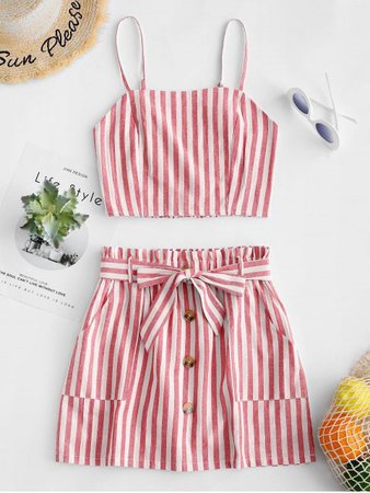[46% OFF] 2019 ZAFUL Smocked Striped Top And Belted Skirt Set In RED | ZAFUL United Kingdom..