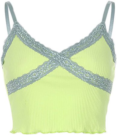 Meladyan Women’s Lace Patchwork V Neck Camisole Ribbed Spaghetti Strap Crop Cami Tank Tops (Medium, Yellow) at Amazon Women’s Clothing store
