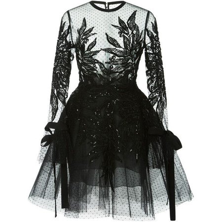 Black Leaf-Lace Long Sleeve Dress