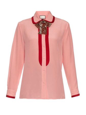 Gucci Pink Silk Collar Shirt With Bow