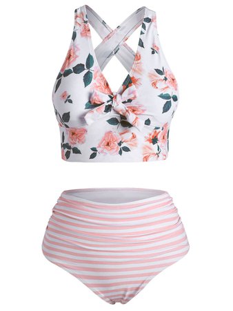 Floral Striped Knot Crisscross Tankini Swimwear [63% OFF] | Rosegal