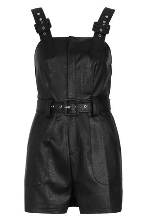 Pu Leather Look Belted Pinafore Romper | Boohoo