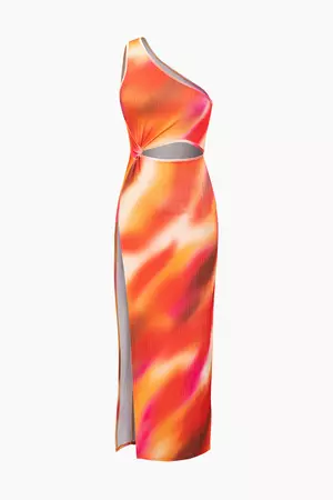 Ombre One Shoulder Ruched Cut Out Slit Maxi Dress – Micas