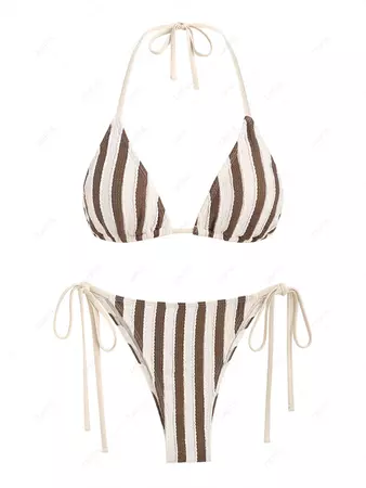 ZAFUL Women's Textured Striped Colorblock Triangle Halter Neck Tie Side String Tanga Bikini Set Two Piece Swimwear In COFFEE | ZAFUL 2024