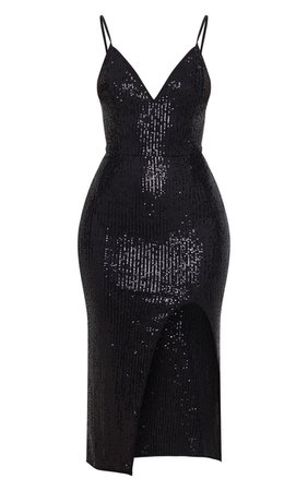 Black Sequin Split Midi Dress | Dresses | PrettyLittleThing USA