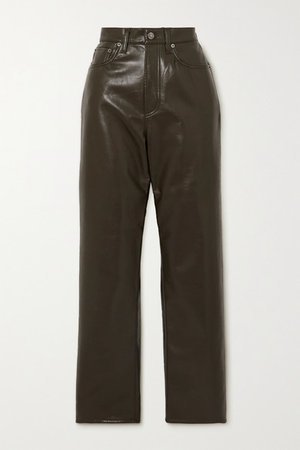 Leather-blend Straight-leg Pants - Green