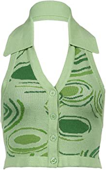 Women Fashion Halter Vest Y2K E-Girls 90s Sexy Backless Striped Knitted Vest Crop Top Slim Fit Tank Top Streetwear (Tie Dye Green, S) at Amazon Women’s Clothing store