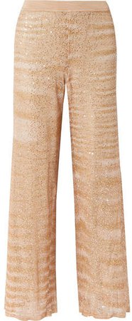 Sequin-embellished Crochet-knit Straight-leg Pants - Beige