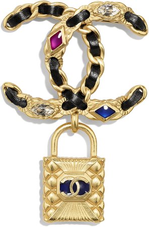 Brooch, metal, lambskin, rhinestones and resin, gold, black, glass and multi-color - CHANEL
