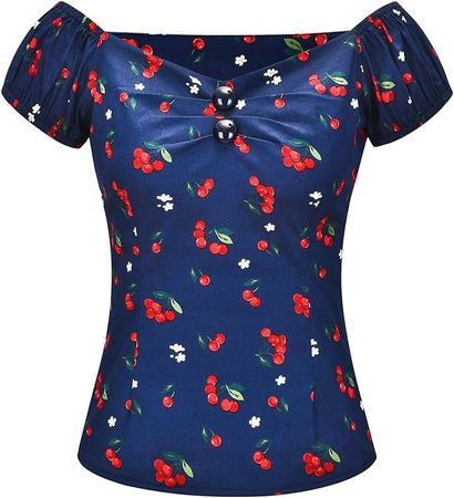 YARN & INK Women's Rockabilly Tops 1950s Cherry Floral Pinup Vintage Blouse Off Shoulder Shirt for Women(Floral Navy Medium) at Amazon Women’s Clothing store