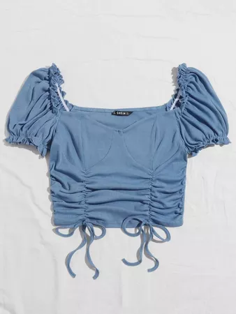 Puff Sleeve Drawstring Knot Front Top | SHEIN USA blue