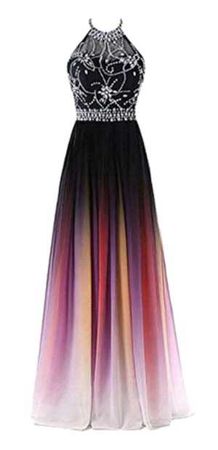 A-line Halter Gradient Chiffon Long Prom Dress Ombre Beads Evening Dress