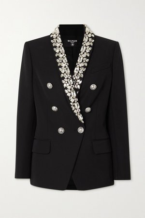 Black Double-breasted crystal-embellished cady blazer | Balmain | NET-A-PORTER