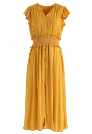 Shirred Button Down Ruffle Dress in Mustard - NEW ARRIVALS - Retro, Indie and Unique Fashion