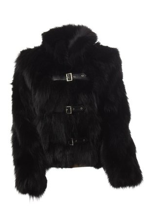 Black Fox Fur Jacket With Leather Buckles